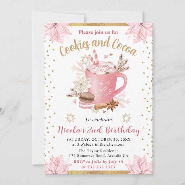 Convite Bolo de Aniversário de Biscoitos Rosa de Inverno e (Frente)