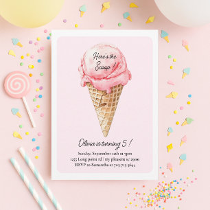 Convite Bolo de Aniversário de Cone de Sorvete Rosa Pastel