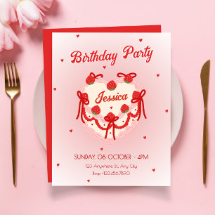 Convite Bolo de aniversário de coração fofo vermelho