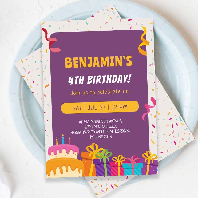 Convite Bolo De Aniversário De Crianças E Presentes Design (Criador carregado)