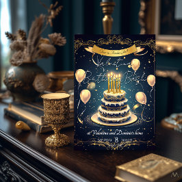 Convite Bolo de Aniversário de Luxo | Dourado e Azul-Marin