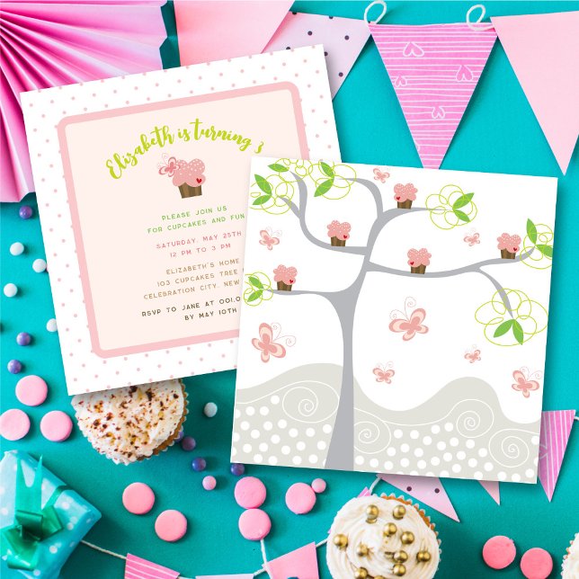 Convite Bolo de Aniversário de Menina Doce com Cupcakes Ro (Whimsical Pink Cupcakes Tree Sweet Girl's Birthday Party Invitation @ fat_fa_tin)