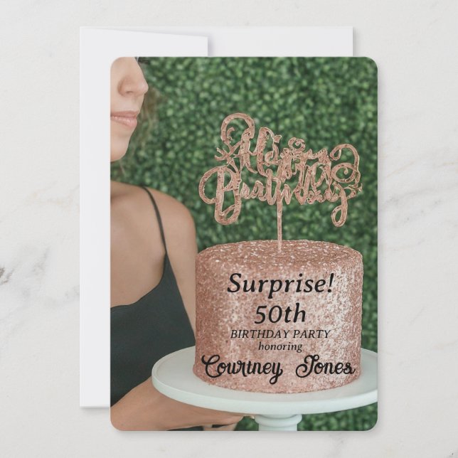 Convite Bolo de aniversário de rosa Dourado com brilho 50º (Frente)