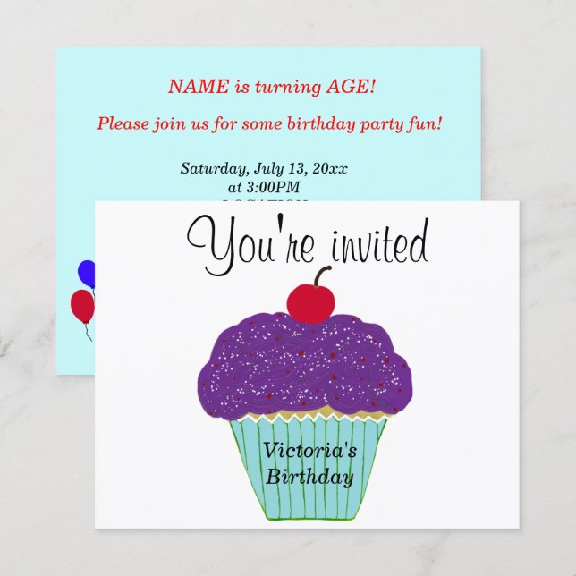 Convite Bolo de Aniversário de Vanilla com Cobertura Roxa  (Frente/Verso)