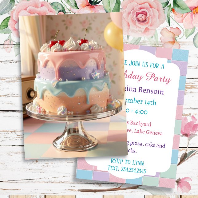 Convite Bolo de Aniversário de Vidro Pastel com Cerejas (Criador carregado)