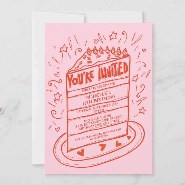 Convite Bolo de Aniversário Desenhado à Mão Branca Única (Frente)