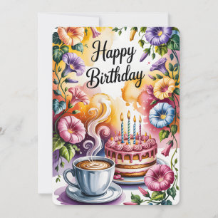 Convite Bolo de Aniversário em Aquarela Xícara de Café Flo