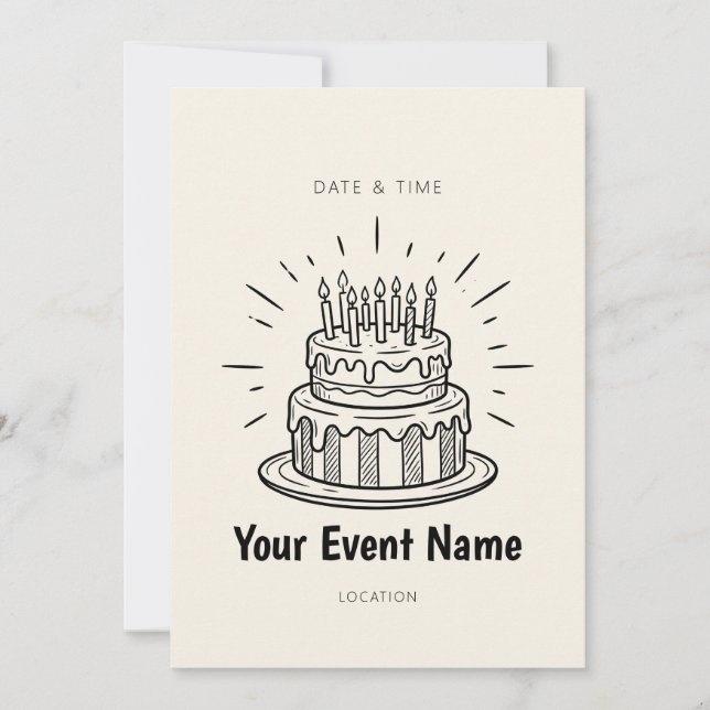 Convite Bolo de Aniversário em Camadas com Arte Linear (Frente)