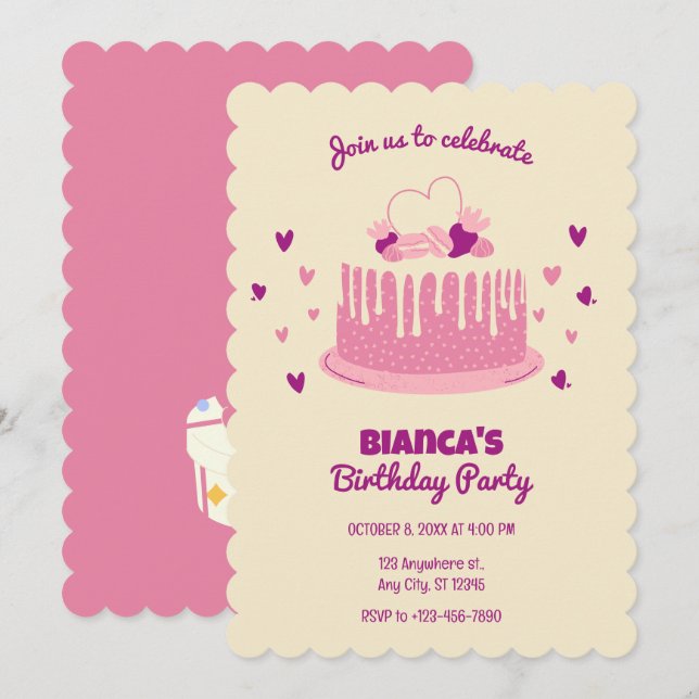 Convite Bolo de aniversário fofo, rosa macio (Frente/Verso)