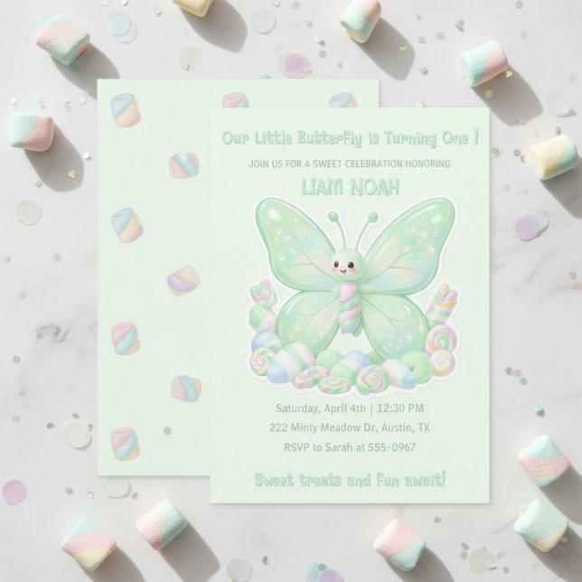 Convite Bolo de Aniversário Infantil Borboleta Marshmallow (Mint Green Marshmallow Butterfly Kids Birthday Invitation)