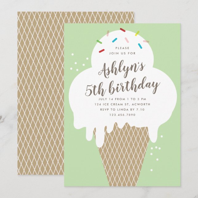 Convite Bolo de aniversário infantil cone de sorvete verde (Frente/Verso)