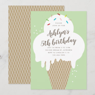 Convite Bolo de aniversário infantil cone de sorvete verde