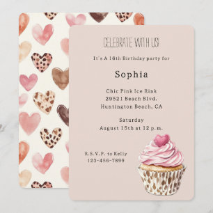 Convite Bolo de Aniversário Leopardo Cupcake Coração Rosa 