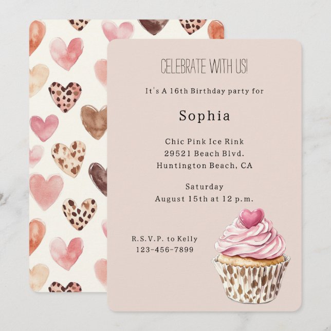 Convite Bolo de Aniversário Leopardo Cupcake Coração Rosa  (Frente/Verso)