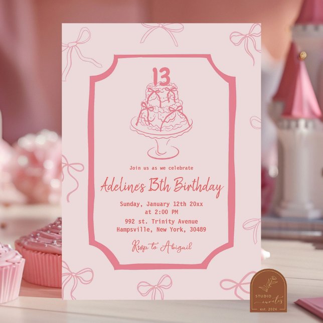 Convite Bolo de Aniversário Menina com Arco Rosa Desenhado (Criador carregado)