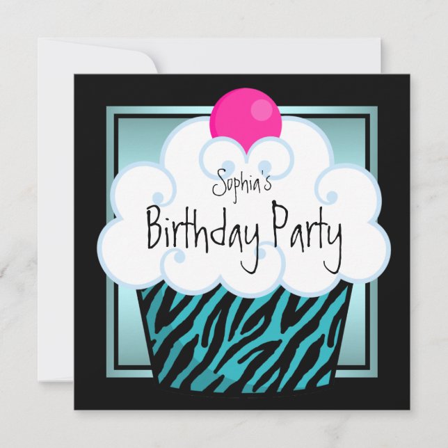 Convite Bolo de Aniversário Meninas Zebra Azul Turquesa (Frente)