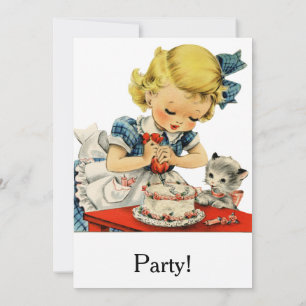 Convite Bolo de Aniversário Retro para Menina Gato Arte In