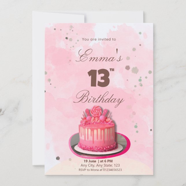 Convite Bolo de aniversário rosa aquarela (Frente)