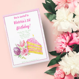 Convite Bolo de Aniversário Rosa de 1º Ano com Flores em A