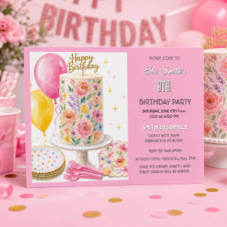 Convite Bolo de Aniversário Rosa Menina Festa Infantil