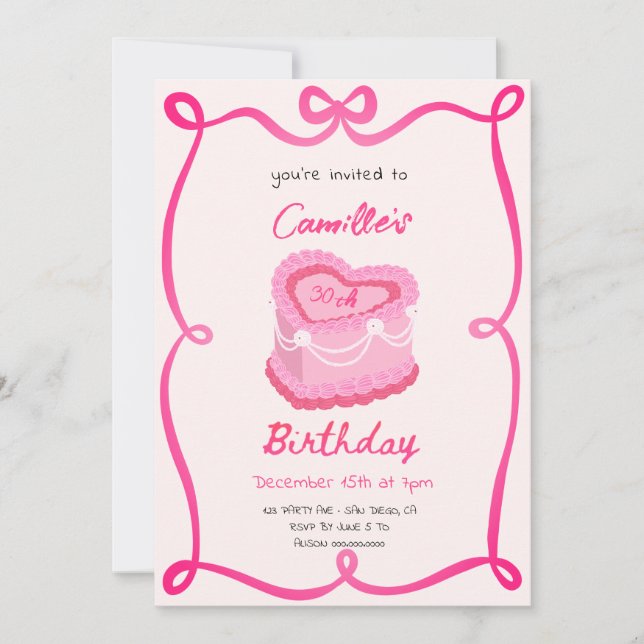 Convite Bolo de Aniversário Rosa Retro (Frente)