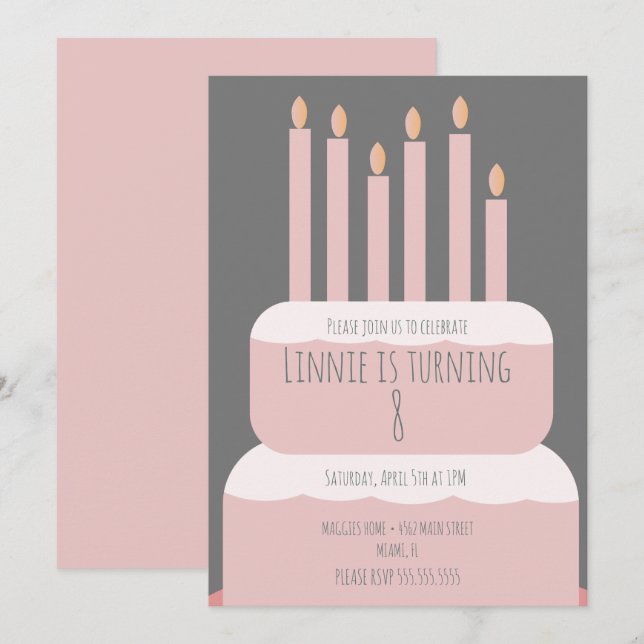 Convite Bolo de Aniversário Simples com Velas de Festa Ros (Frente/Verso)