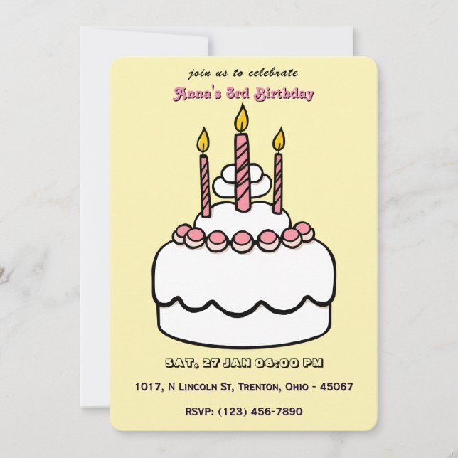 Convite Bolo de Aniversário Simples de Pastel com Velas (Frente)