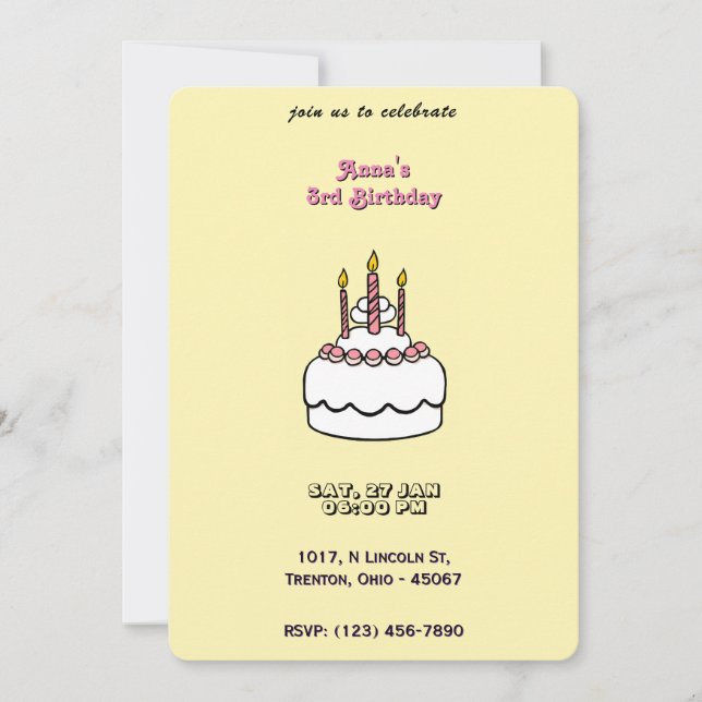 Convite Bolo de Aniversário Simples de Pastel com Velas (Frente)