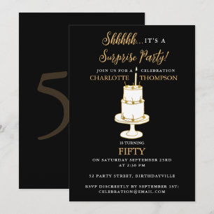 Convite Bolo de Aniversário Surpresa Preto Dourado