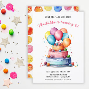 Convite Bolo de Aquarela Arco-íris e Balões Aniversário de