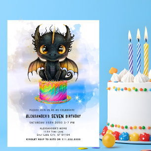 Convite Bolo de Arco-íris de Dragão Preto Fofo Aniversário