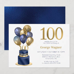 Convite Bolo de Balão Azul Marinho de 100 Anos de Nascimen