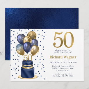 Convite Bolo de Balão Azul Marinho de 50 Anos de Idade