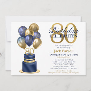 Convite Bolo de Balão Azul Marinho de 80 Anos de Idade