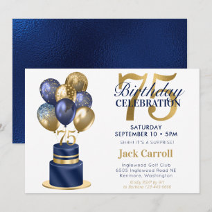 Convite Bolo de Balão Azul Marinho de Aniversário de 75 An