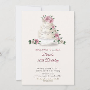 Convite Bolo de Camadas Rosas e Pérolas para 50º Aniversár