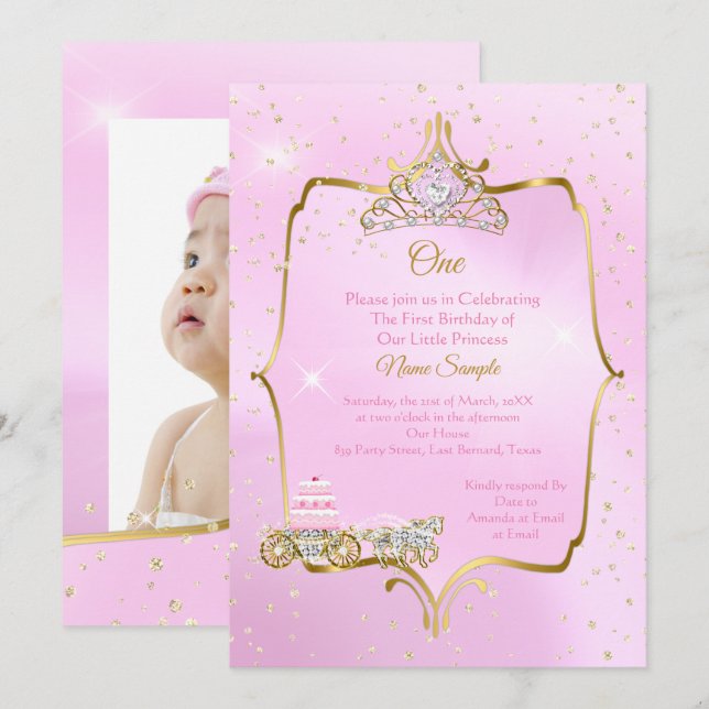 Convite Bolo de Carruagem Rosa primeiro aniversario Cinder (Frente/Verso)