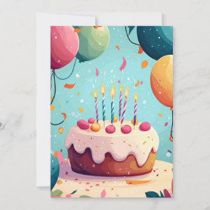 Convite Bolo de Cartoon de Aniversário, Velas e Balões de 