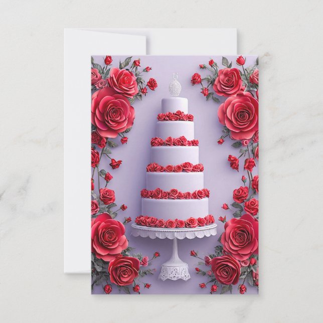 Convite Bolo de Casamento com Rosas Vermelhas Floral Român (Frente)