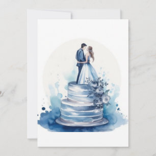 Convite Bolo de Casamento Floral Azul em Aquarela Elegante