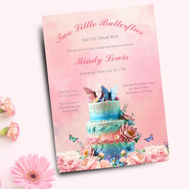 Convite Bolo de Chá de Bebê Gêmeos Borboletas Lindas (Elegant, whimsical invitation for a memorable twin girls' baby shower.)