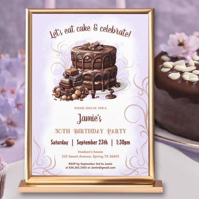 Convite Bolo de Chocolate - Festa de aniversário de 30 ano (Chocolate Cake Purple Brown 30th Birthday Party Invitation)