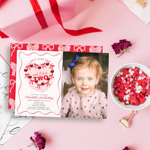 Convite Bolo de Coração Vintage Rosa Menina Foto 2º Aniver