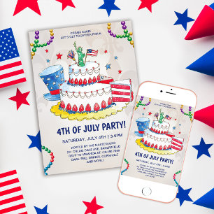 Convite Bolo de Creme Patriótico Fofo Festa de 4 de Julho