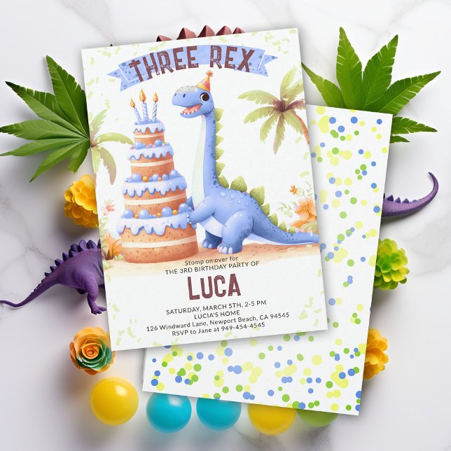 Convite Bolo de Dinossauro Três Garoto De Aquarela Rex Ani (dinosaur boy birthday party dino three rex 3rd funny watercolor giant cake prehistoric wild cute)