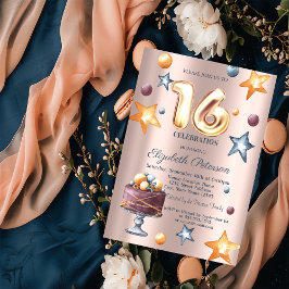 Convite Bolo de Estrelas Balões Dourado Rosa Sweet 16