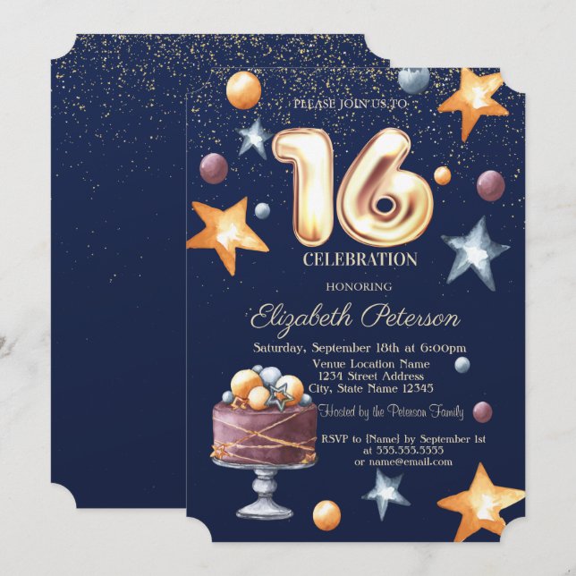 Convite Bolo de Estrelas Confete Festa Sweet 16 (Frente/Verso)