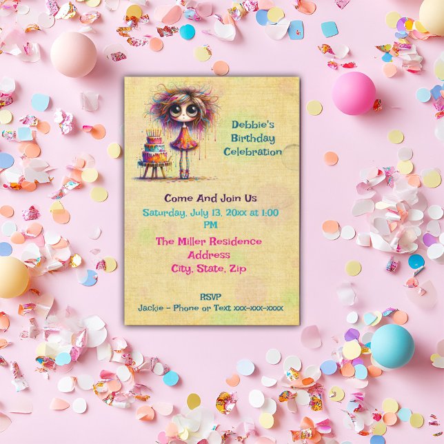 Convite Bolo de Garota de Aniversário Whimsso (Criador carregado)