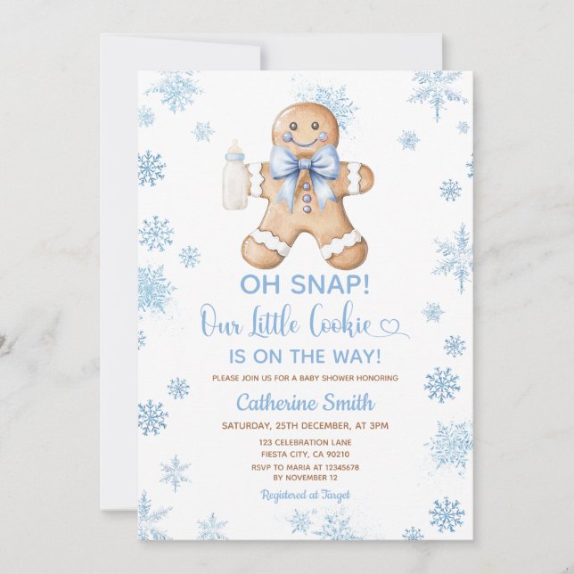 Convite Bolo De Gengibre Azul Natal Bebê Chuvada De Flocos (Frente)