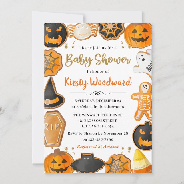Convite Bolo de Halloween com Cookies de Churrasco de Bebê (Frente)